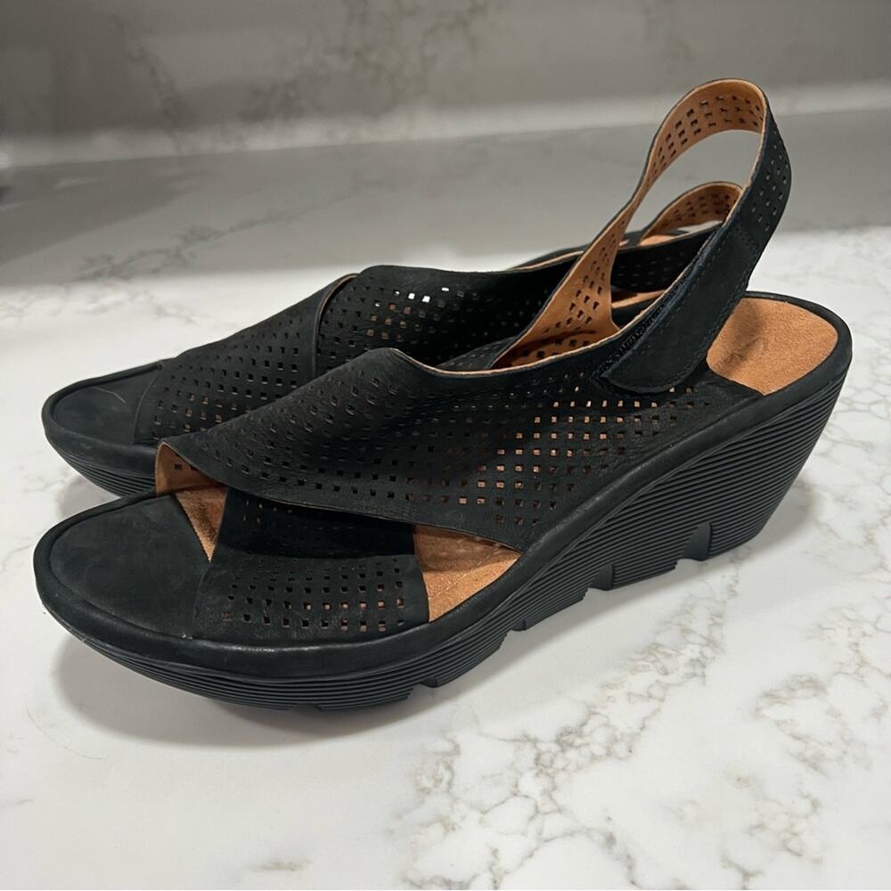 Clarks Clarene Award Black Nubuck Wedge Sandals Women's size 8.5